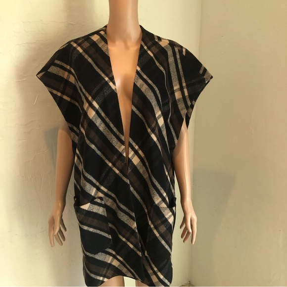 Lucky Brand Caftan Open Cardigan Brown/Black Plaid Women’s Size M Poncho Shawl - Picture 6 of 16